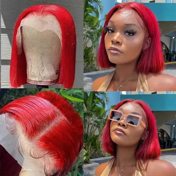 Perruque rouge chaude courte Bob droite dentelle avant