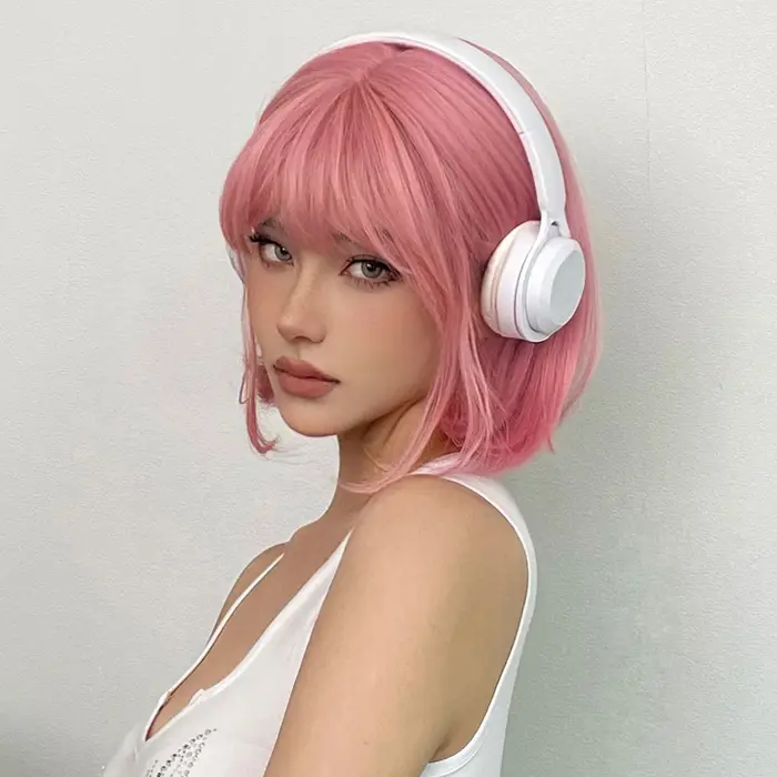 Perruques Bob Synthétiques Courtes Droites avec Frange pour Femme, Cheveux Naturels Roses, Cosplay Mignon, Fibre de Degré de Chaleur
