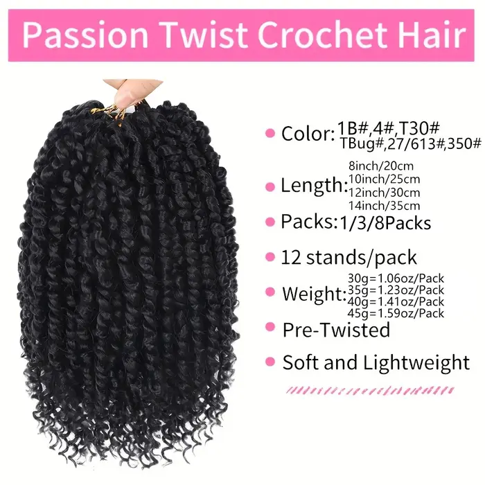 8 paquets de cheveux synthétiques pré-bouclés pour tresses au crochet Passion Twist pour femmes noires