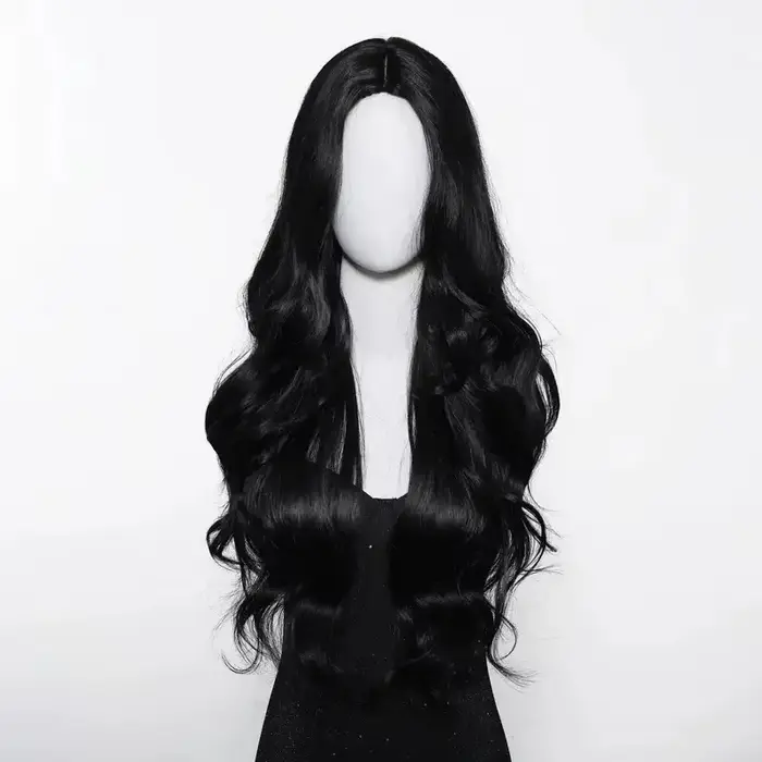 Perruque synthétique noire avec coiffure longue ondulée séparée pour fête, cosplay d'Halloween, usag