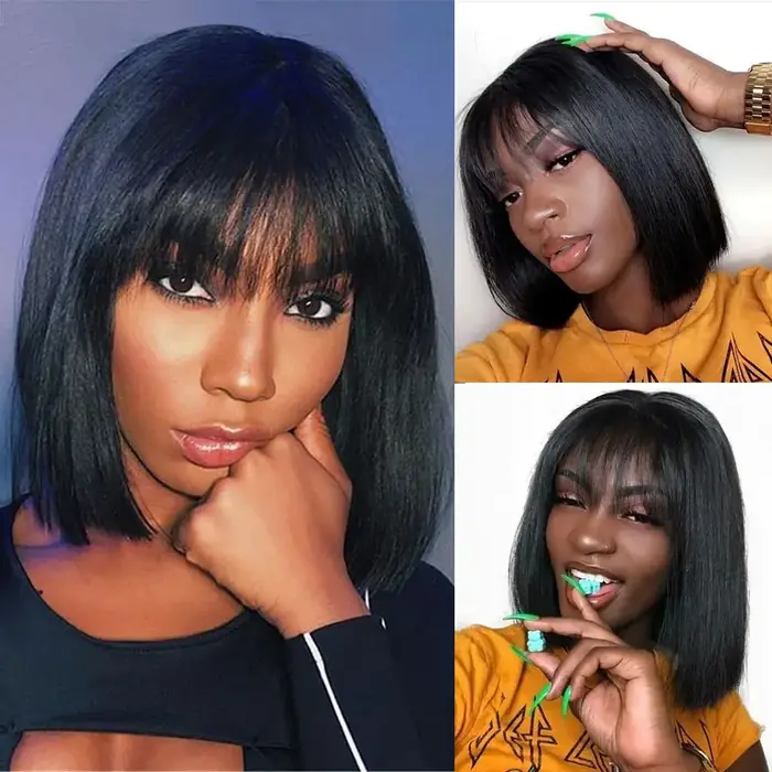 HairUGo-Perruque BOB blonde avec frange pour femme, perruques de cheveux humains Remy, entièrement f
