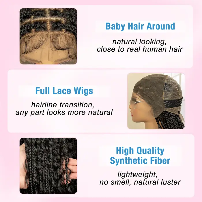 Perruques tressées Boho longues de 36 pouces avec cheveux de bébé, perruque synthétique pleine dente
