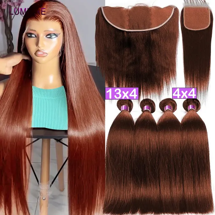 # Mèches brésiliennes 100% naturelles lisses, brun Auburn, avec Lace Frontal Closure transparente HD