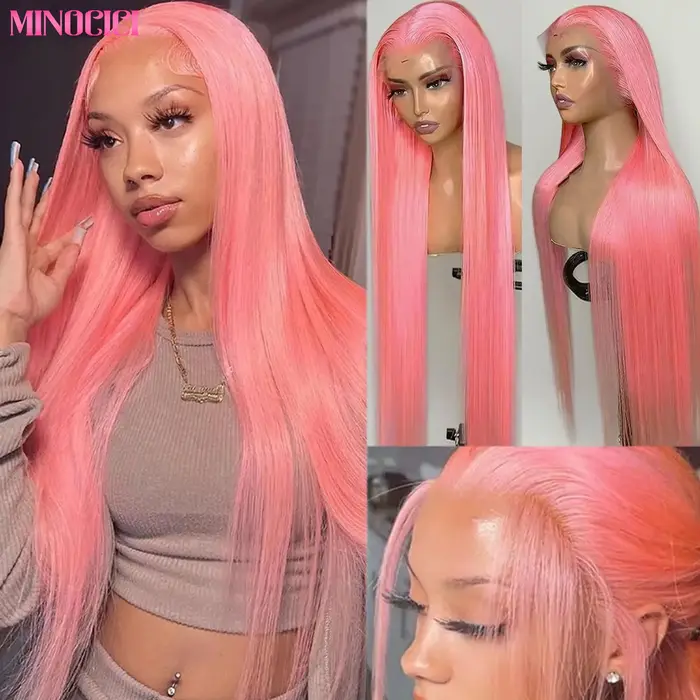 Perruque Lace Front Wig naturelle lisse rose 13x6 Hd, cheveux humains, 30 pouces, pre-plucked, densi