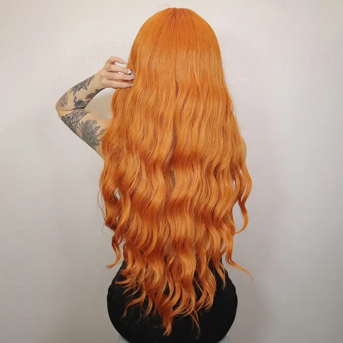 Perruque Synthétique Longue Ondulée Orange pour Femme, Cheveux Naturels Ondulés avec Longue Frange,