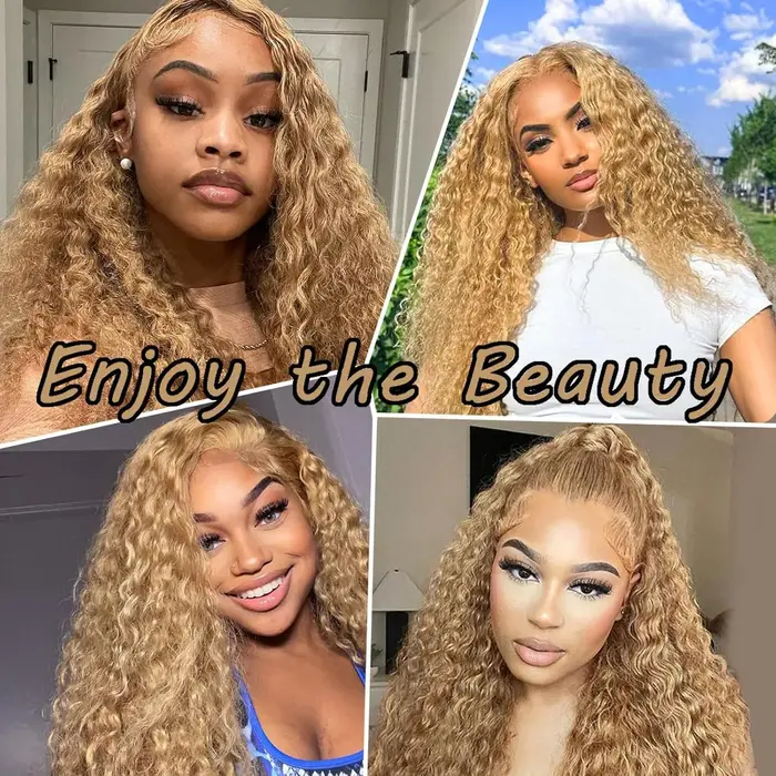 Perruques bouclées avant de dentelle blond miel cheveux humains vague profonde 13x6 HD perruques fro