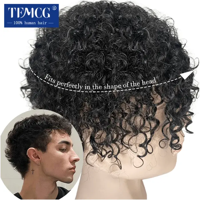 15MM bouclés mâle cheveux prothèse toupet hommes 100% indien cheveux humains confortable peau Base p