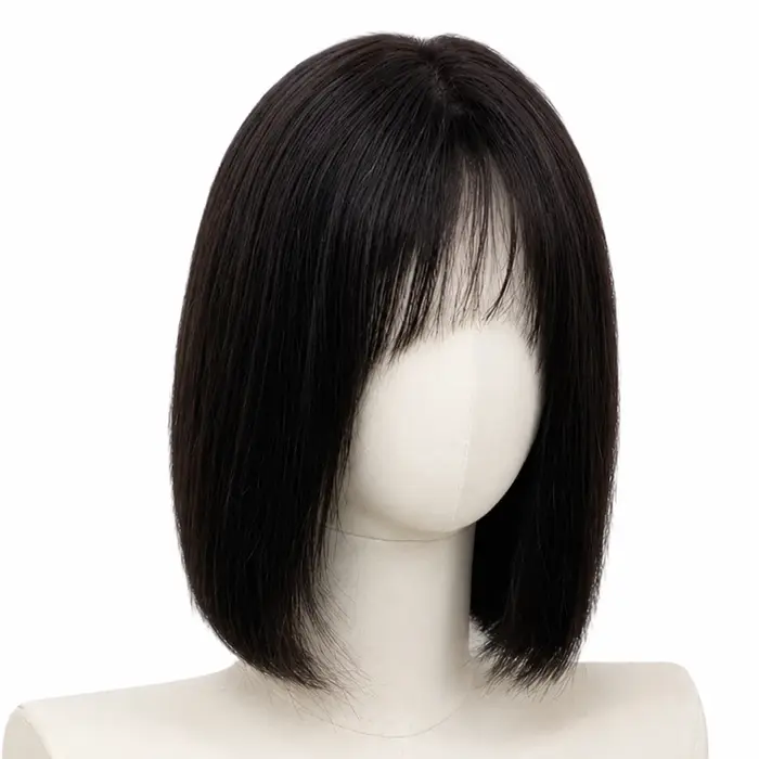 Perruque Bobo à franges en cheveux humains 100% sans colle, brun foncé, 12 pouces, cheveux lisses na