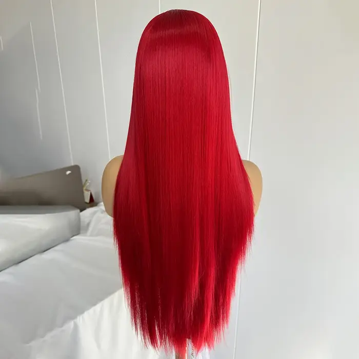 Perruque rouge perruque de dentelle synthétique longue perruque droite en soie perruque rouge foncé usage quotidien perruques de dentelle frontale pour les femmes Cosplay perruque droite rouge