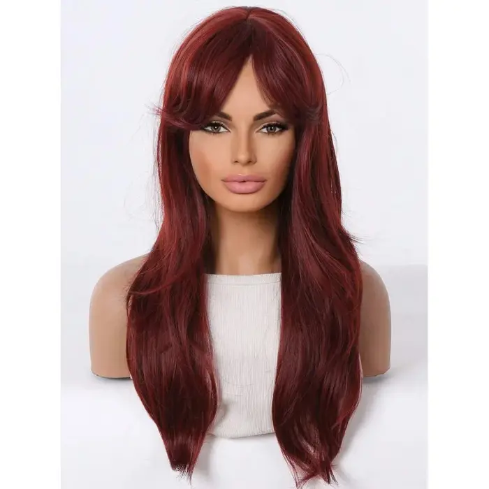 24" Wine Red Long Layered Synthetic Wig With Curtain Bangs