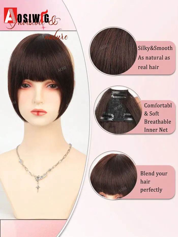 Extensions de cheveux synthétiques Yaki lisses avec frange épaisse pour femmes
