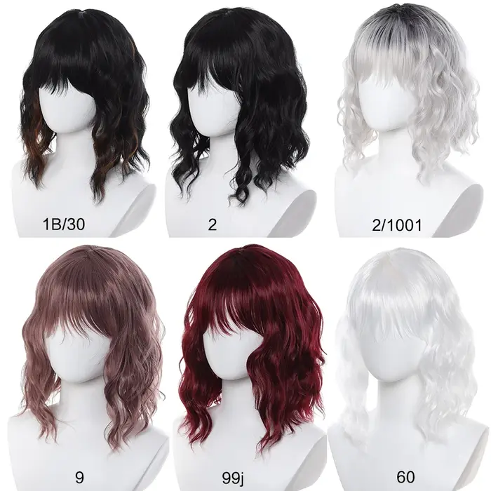 Perruque courte bouclée noire naturelle pour femmes - Bob ondulé longueur épaule avec frange | Cheveux synthétiques