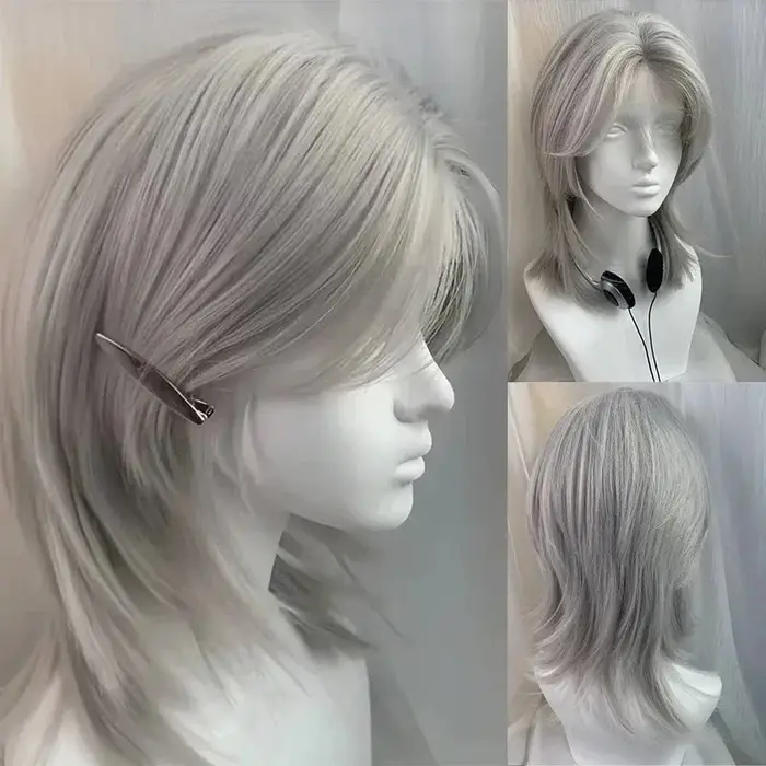 Lolita perruque synthétique front dentelle queue de loup cheveux courts bouclés argent gris superposition quotidien