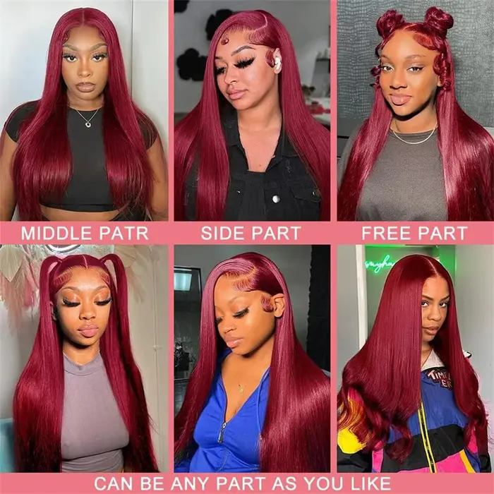Perruque Lace Front HD 13x6 Rouge Bourgogne 99J sans colle, en cheveux humains vietnamiens Super Dou
