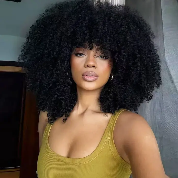 Perruque Afro Bouclée Synthétique avec Frange, 18 Pouces, pour Femmes Noires, Perruque Sans Colle en