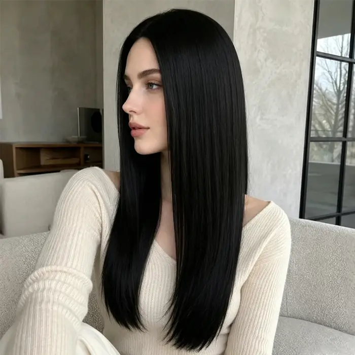 Perruque synthétique noire pure de 28 pouces avec une raie naturelle au milieu