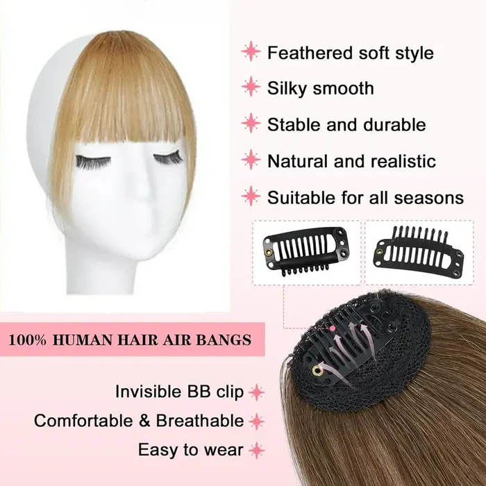 Frange de rideau vaporeux 100% cheveux humains, frange d'air française légère avec branches, extensions de cheveux à Clip pour femmes, couleur blonde
