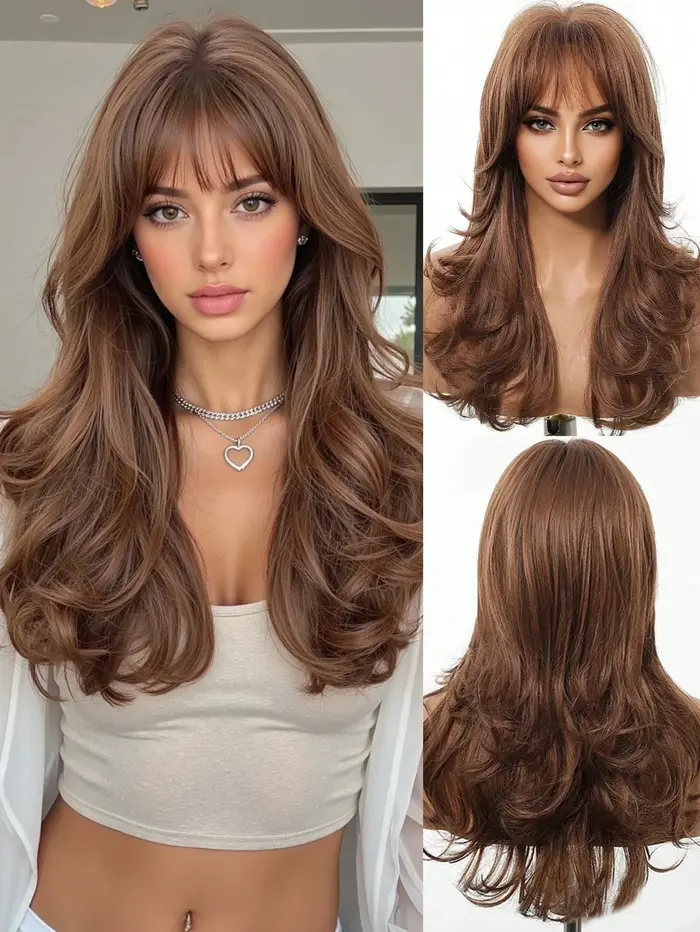 Perruque de cheveux bruns ondulés bouclés de longueur moyenne de 22 pouces