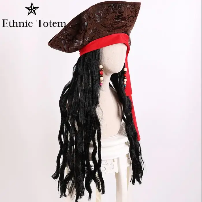 Perruque de chapeau marron de capitaine Pirate pour adulte
