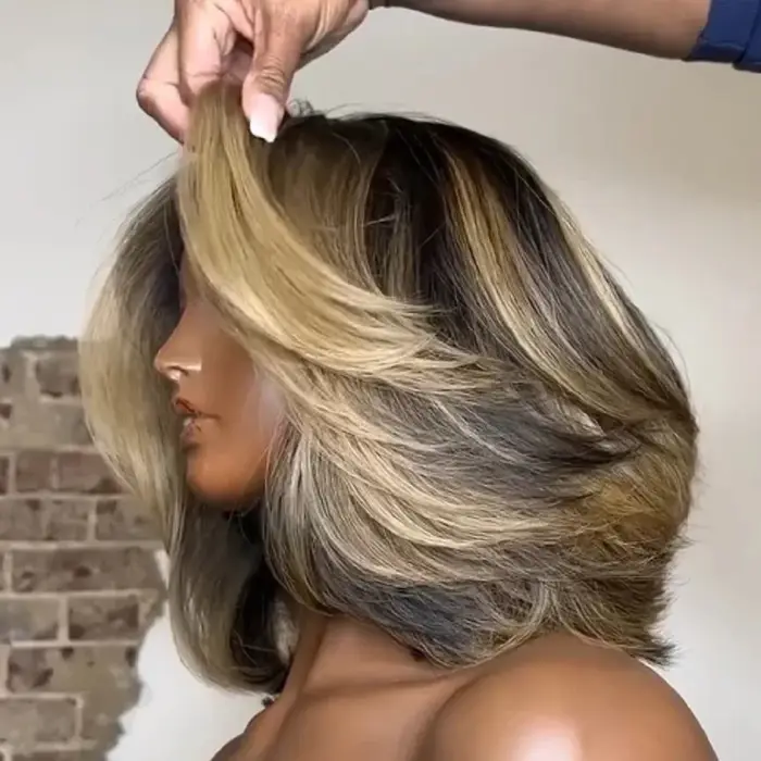 Perruque Bob Courte Ombrée Noire et Blonde, Effet Vague d'Eau, Cheveux Humains Sans Colle, Perruque