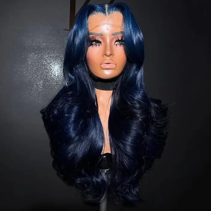 Perruque Lace Frontal Wig synthétique bleu foncé 13x4 HD