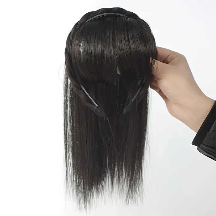 Extensions de cheveux synthétiques lisses effet naturel - Bandeau tressé chic avec postiche à clipser et frange pour femme