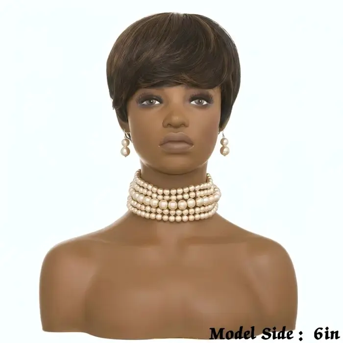 Perruque courte ondulée naturelle noire-brun style pixie avec frange