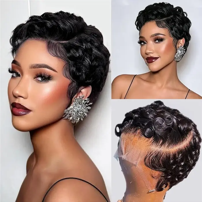 Perruque synthétique noire naturelle coupe pixie