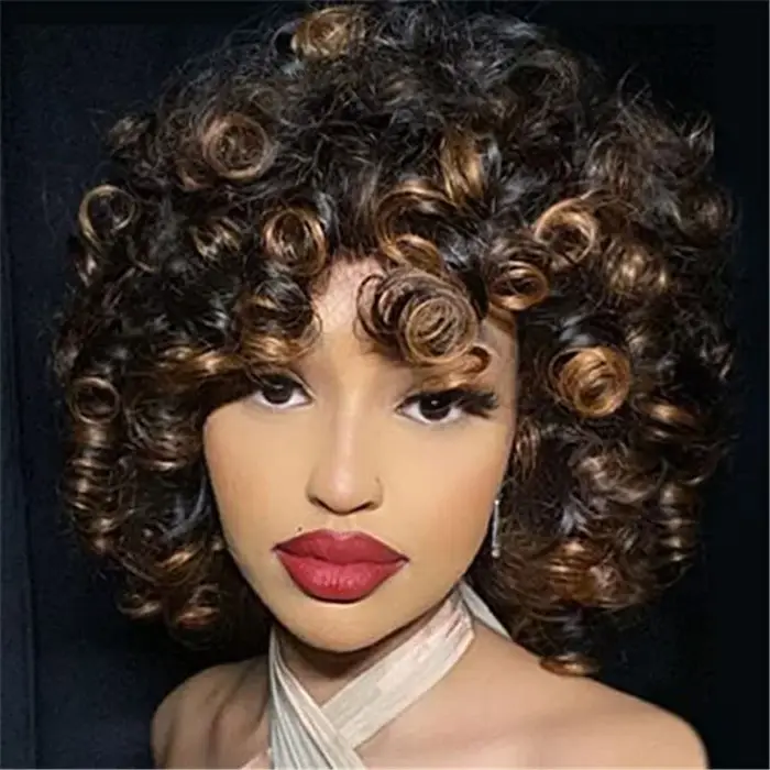 Hairugo-Perruque de Cheveux Humains Bouclés Coupe Pixie à Reflets