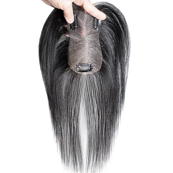 Extensions de cheveux humains 100% naturels avec frange, base en soie, 3 clips, marron, lisses, pour