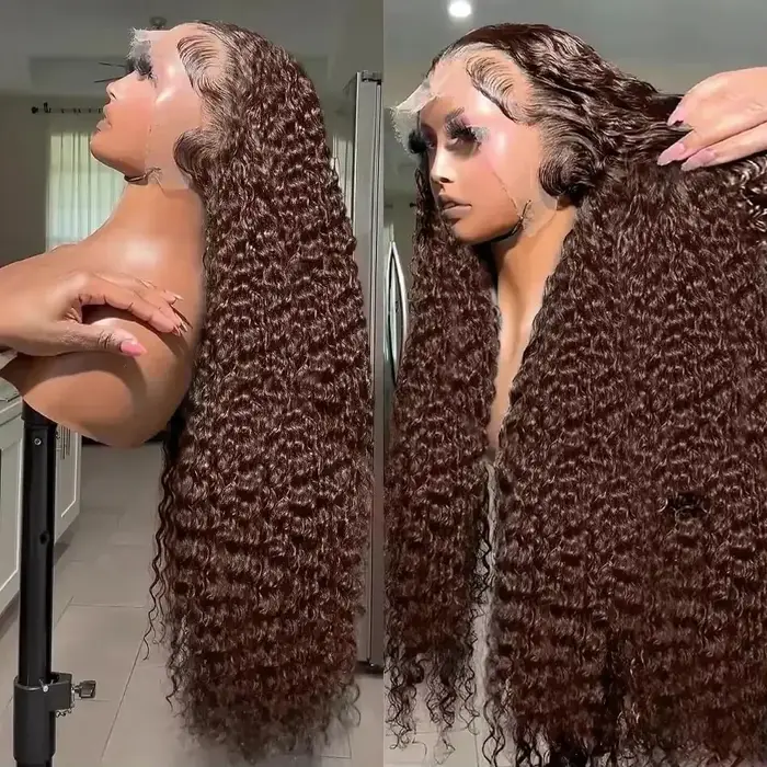 Perruques bouclées profondes en cheveux humains, brun chocolat, perruque frontale en dentelle HD 13x