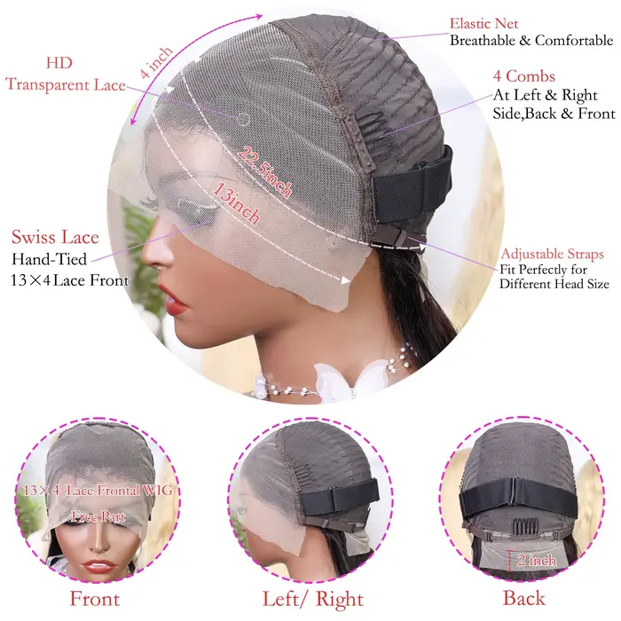 Perruque Bob Lace Front Wig 13x4, cheveux courts et lisses, 4x4, Transparent, densité 200%, 100% che