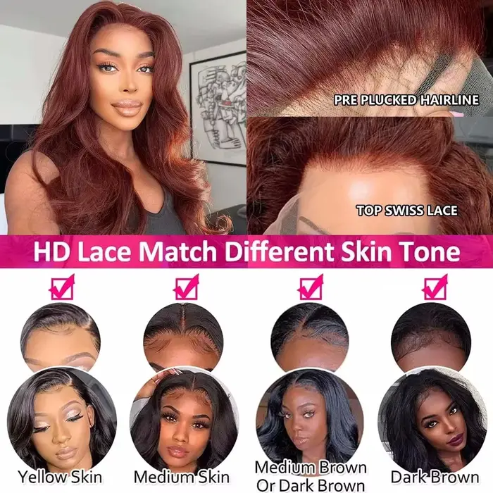 Perruque Lace Frontal Wig brésilienne naturelle, cheveux lisses, brun rougeâtre, 13x6 Hd, pre-plucke