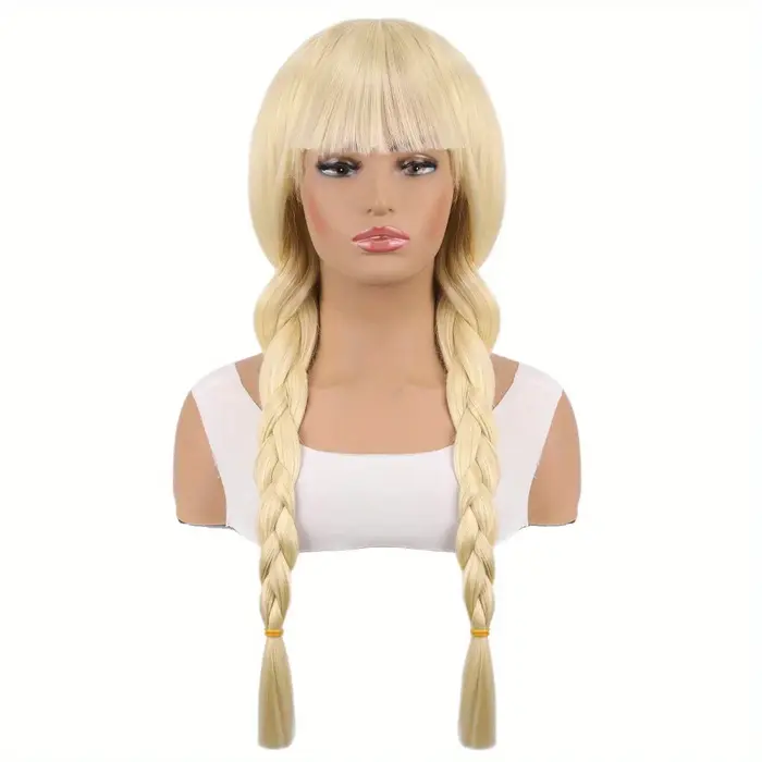 Perruque blonde longue à double tresses avec frange, cheveux synthétiques lisses pour cosplay, Hallo