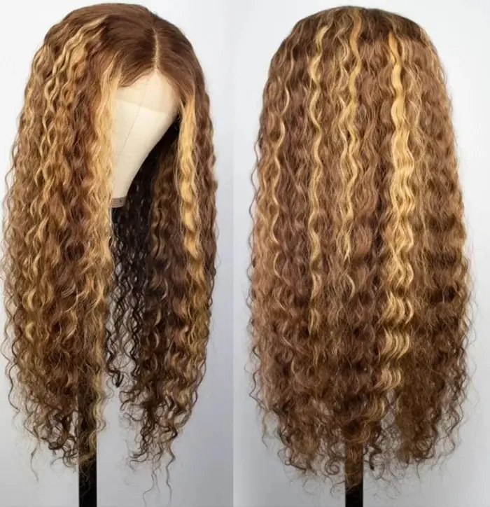 Perruque bouclée avec mèches 13x4 en dentelle frontale, perruques de cheveux humains pour femmes, sa