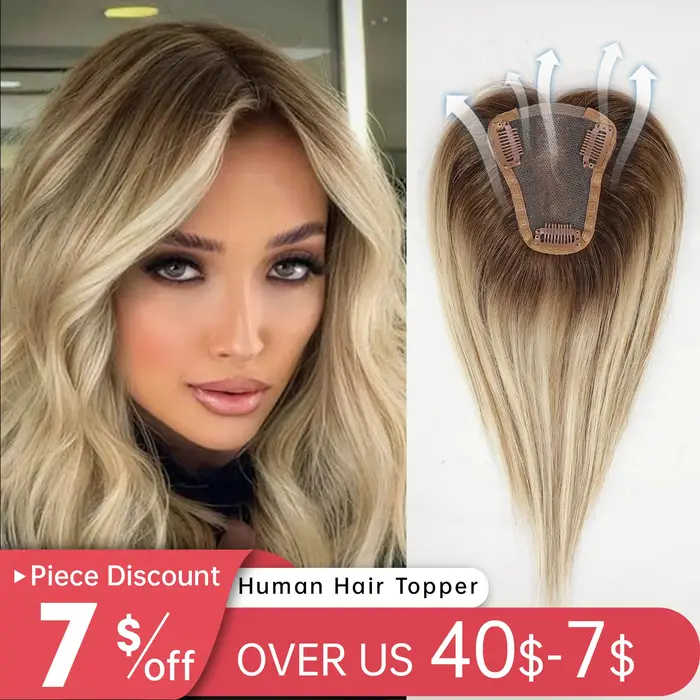 Femmes cheveux humains Toppers partie centrale Ombre brun clair blond toupet humain pièces de cheveu