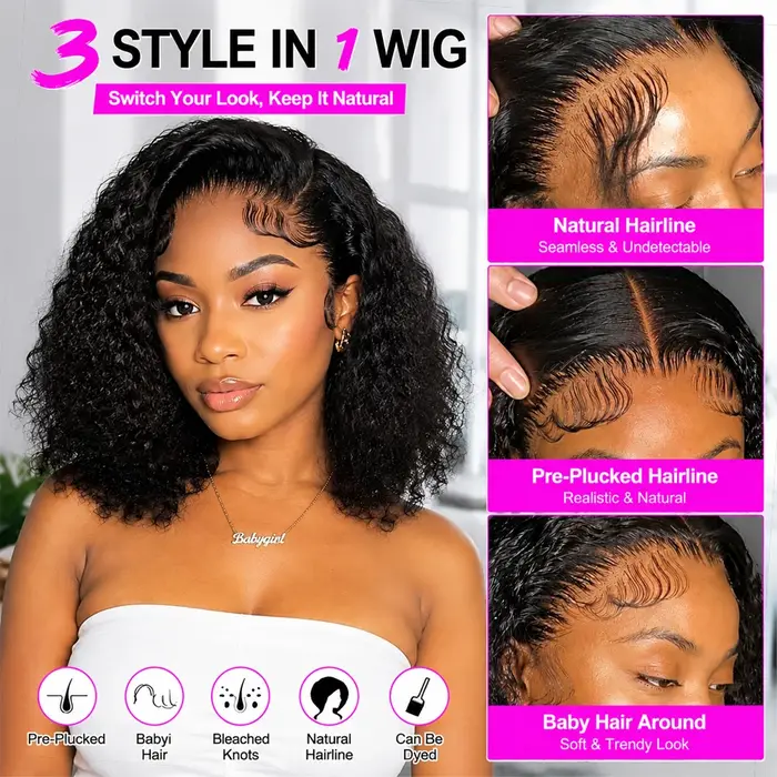 Perruques Courtes Bob Bouclées Effet Mouillé 13x4 Lace Front Cheveux Humains Brésiliens Deep Wave 13x6 Full HD