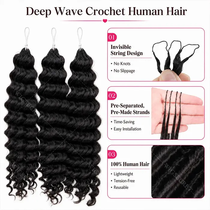 Mèches brésiliennes 100% naturelles Remy ondulées au Crochet