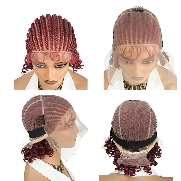 Perruque tressée de 8 pouces, cheveux courts tressés, perruque bob bohème, tresses box braids sans nœuds, tresses cornrows avec pointes bouclées, perruque tressée en dentelle pour femmes