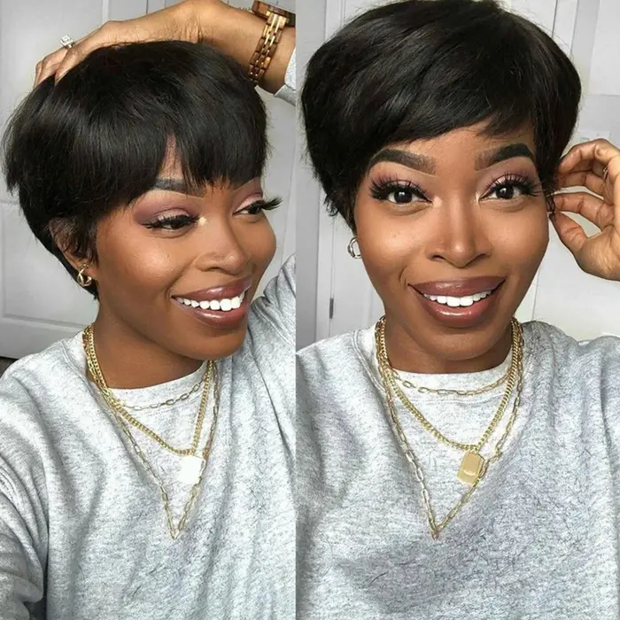 Perruque Bob Pixie Péruvienne avec Frange pour Femme, Cheveux Naturels Lisses, Courts, Sans Colle, Colorés Bordeaux Rouge Blond