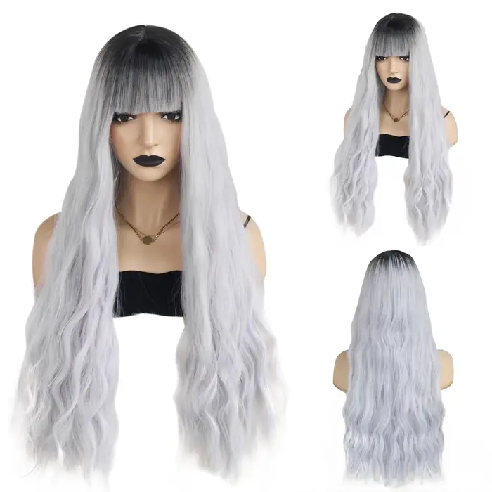 Perruque synthétique ombrée noir-gris avec frange
