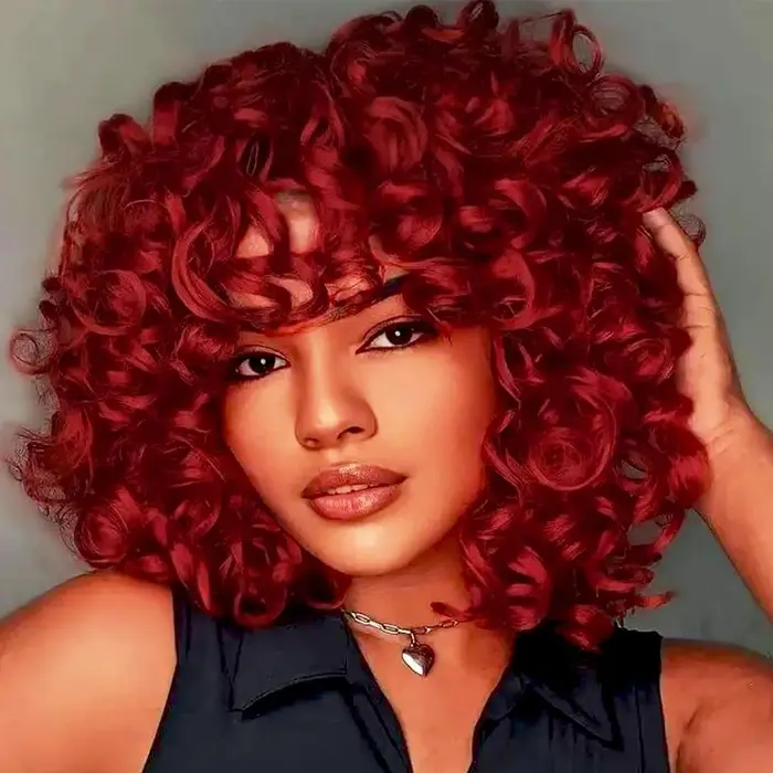 Perruque courte bouclée rouge ample pour femmes noires, perruque Afro bouclée avec frange en Fiber s