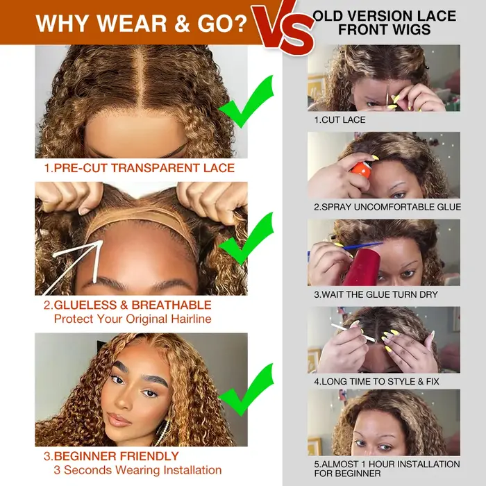 Perruques sans colle en cheveux humains blond miel à ondulations profondes, pré-coupées, avec mèches