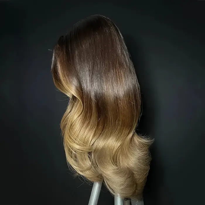 Perruque en cheveux humains juives sans colle, longue, blonde ombrée, 24 pouces, ondulée douce, base