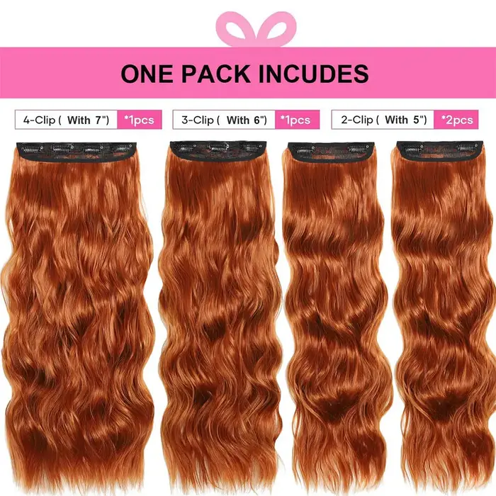 Extensions de cheveux synthétiques ondulées longues rouges cuivrées à clipser