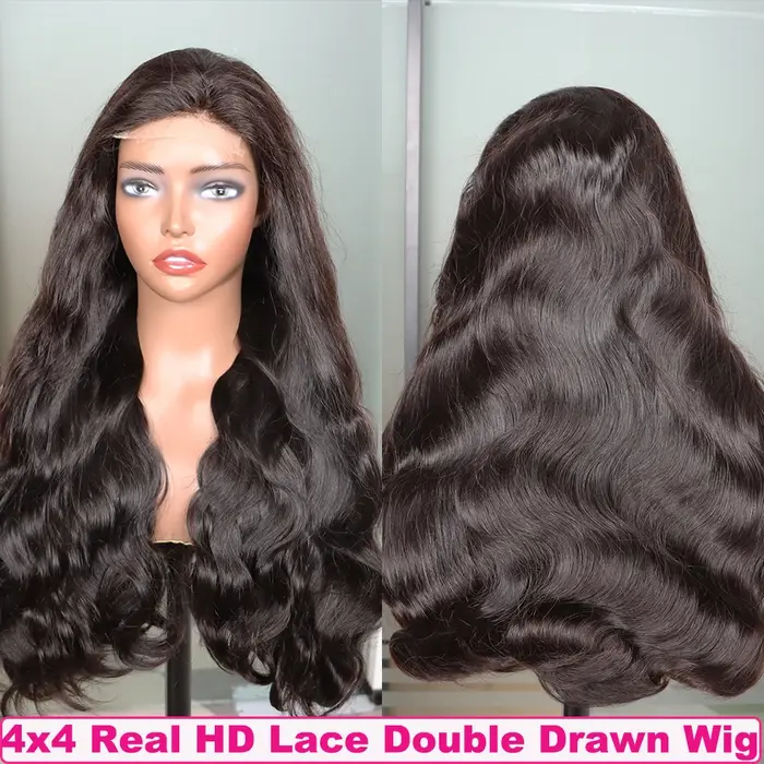 Yiwigs 250 densité Super Double dessiné vague de corps Hd dentelle perruques de cheveux humains Vietnam 4x4