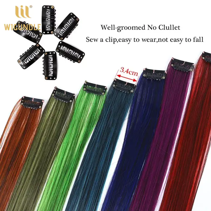 Extensions de cheveux synthétiques longues et droites de 22 pouces, à clipser, résistantes à la chal