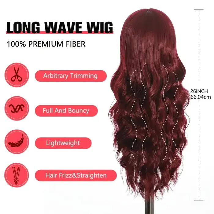 Perruque synthétique couleur vin rouge avec cheveux longs bouclés et frange pour un usage quotidien