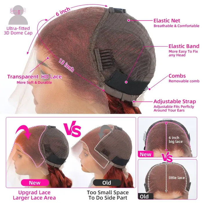 Perruque Lace Frontal Wig brésilienne naturelle, cheveux lisses, brun rougeâtre, 13x6 Hd, pre-plucke