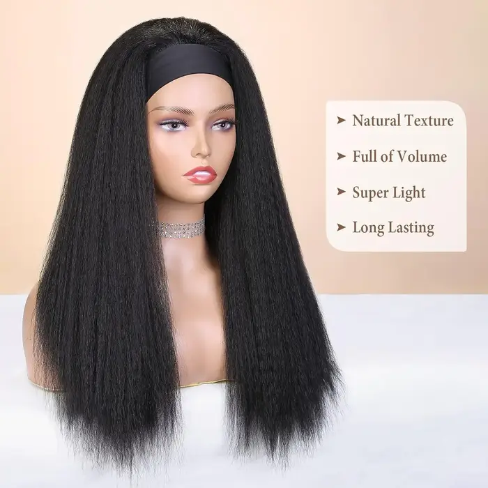 Perruque synthétique Yaki lisse et crépue pour femmes, perruque avec bandeau noir, facile à coiffer, sans dentelle frontale, sans colle